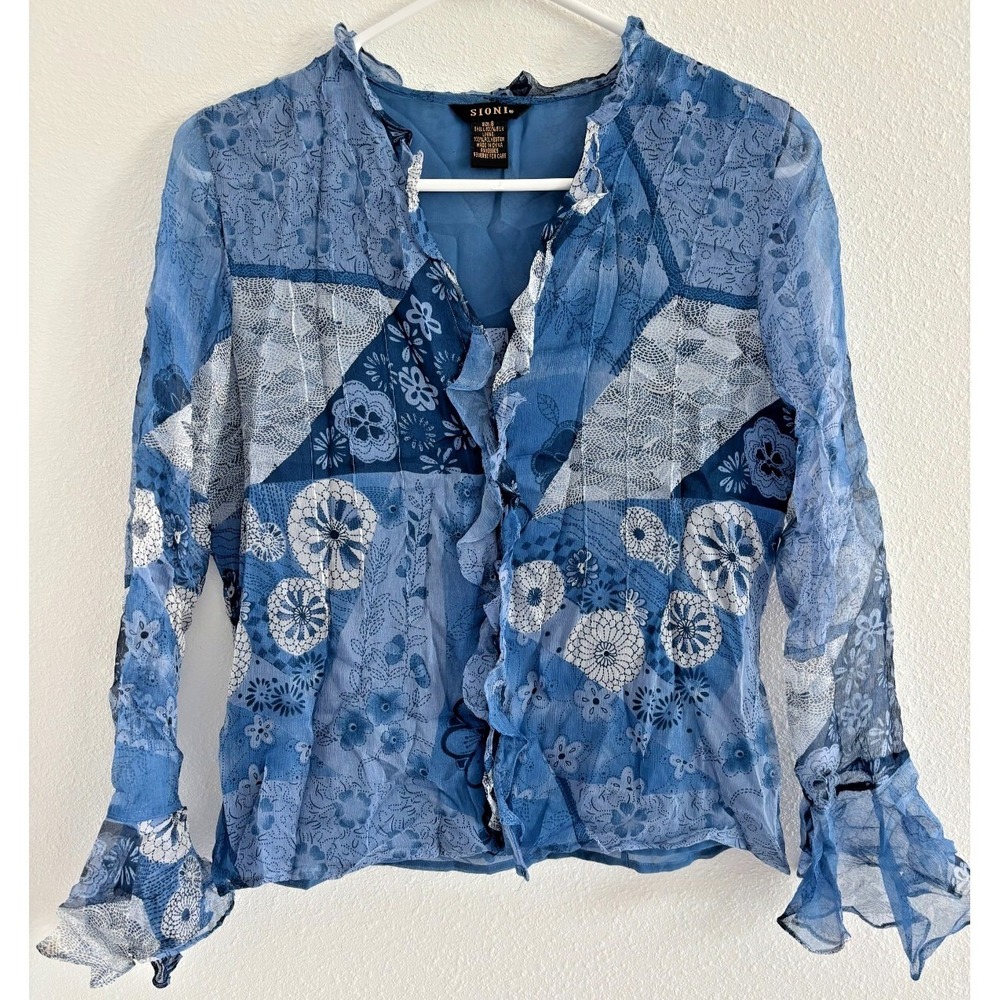 Vintage Babydoll Top Womens Small Blue Silk Ruffle Bell Sleeve Boho Cottage 90s